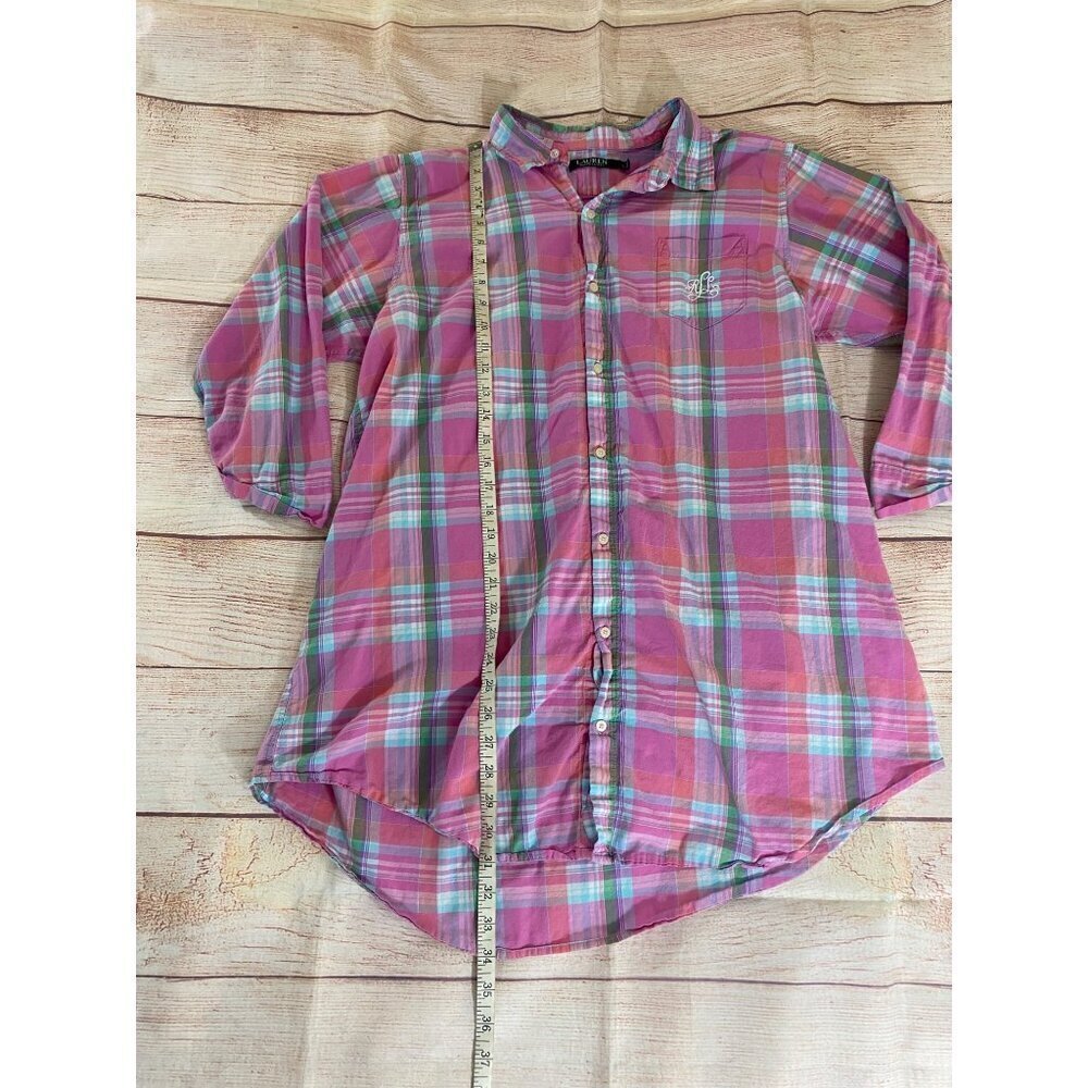 Lauren Ralph Lauren Women's Pink Plaid Roll Tab Sleeve Button Front Shirt - XL - Picture 3 of 10